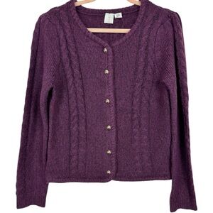Joie Ballon Sleeve Vneck Purple Fuzzy Cable Knit Soft Cardigan SZ M